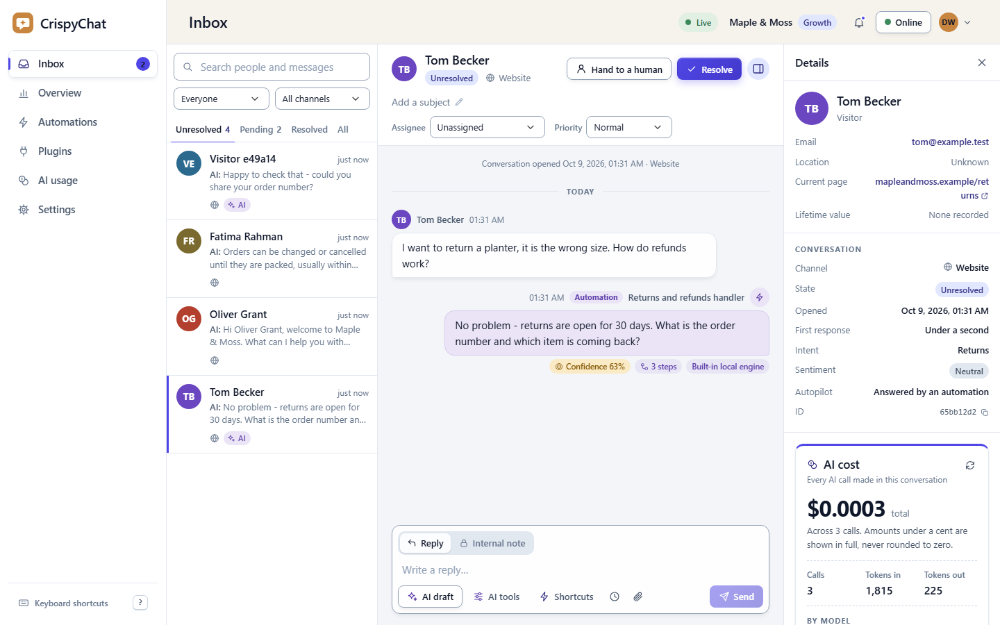 The Krisp inbox: a customer asks how returns work, an automation answers, and the panel on the right shows what the AI cost in that conversation.